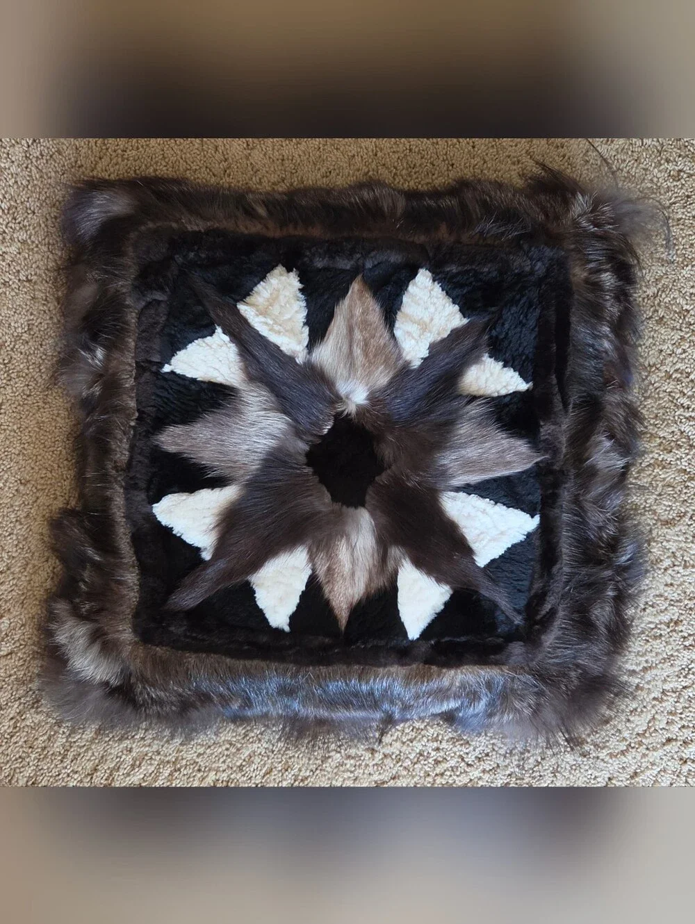 Authentic Alaskan Fur Pillows with Star Design - Brown & Cream